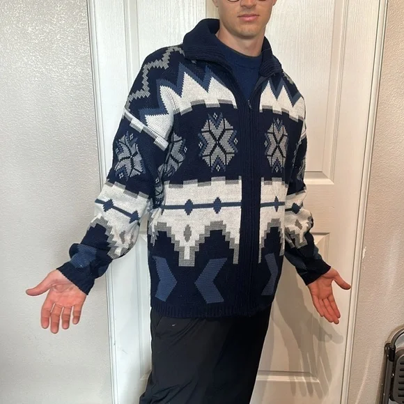 Vintage holiday sweater zip up comfort knits men’s large winter snow Aztec blue - Picture 2 of 5